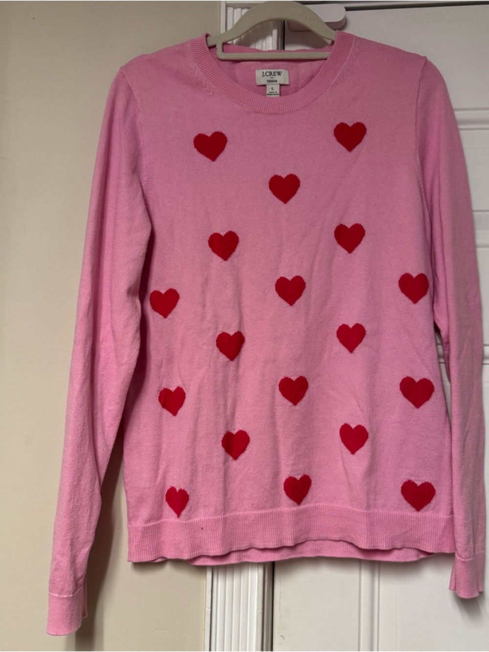 J. Crew Pink Crewneck Sweater with Red Heart Pattern
